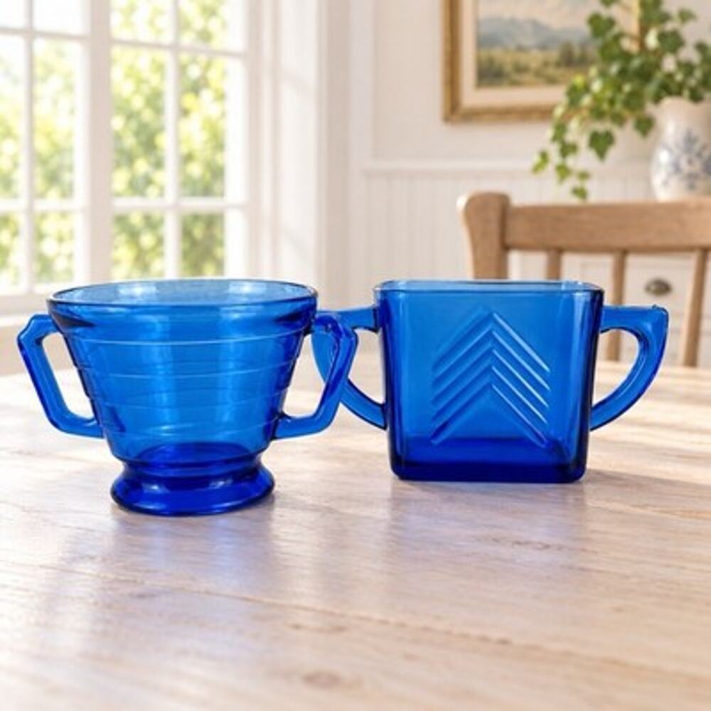 Vintage Cobalt Blue Glass Open Sugar Bowls Mismatched Lot of 2 Hazel Atlas